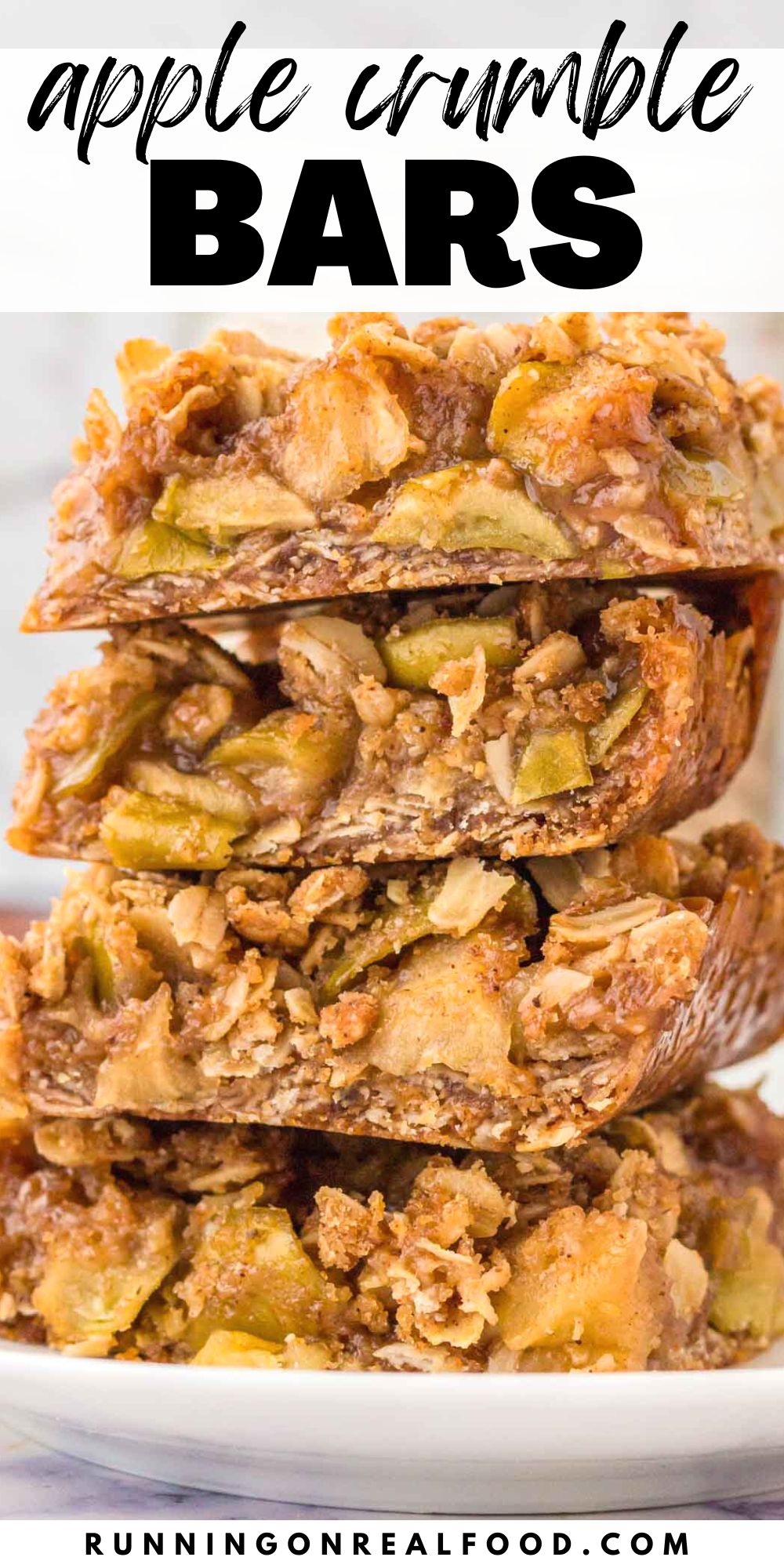 Pinterest-style graphic with an image of a stack of apple crumble bars and stylized text reading "apple crumble bars".