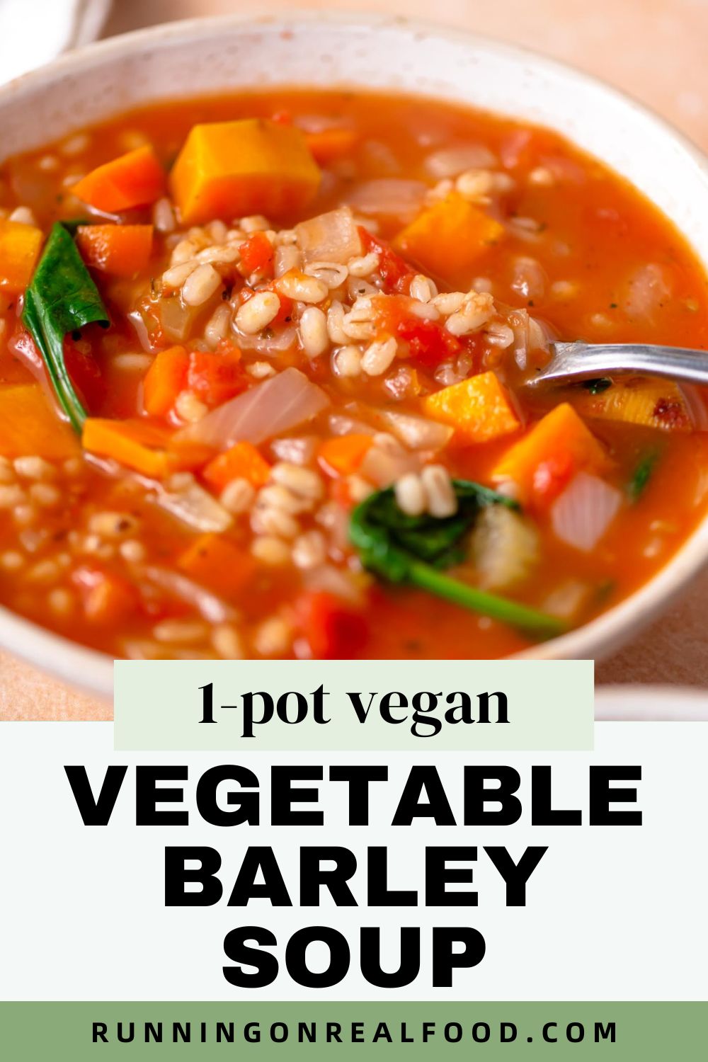 Pinterest graphic for healthy vegetable barley soup recipe with an image of the soup and a text title.