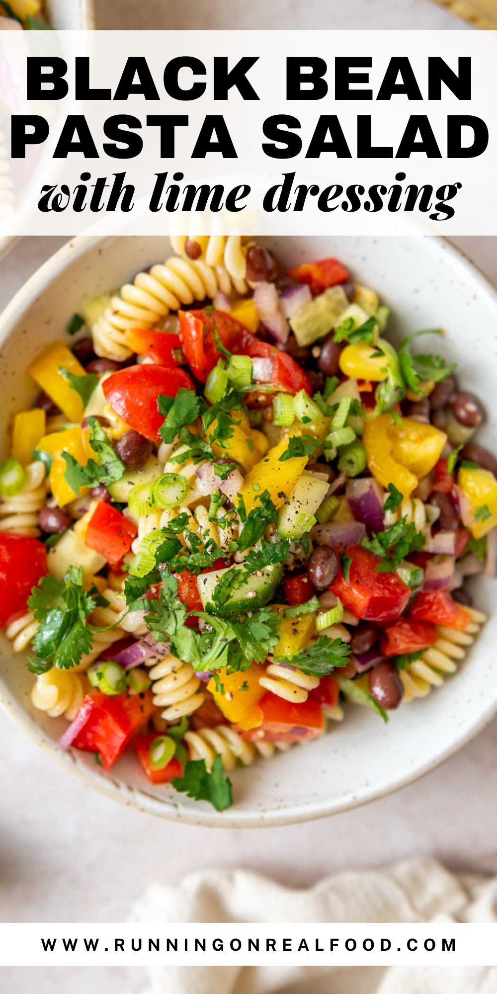Pinterest graphic with photos of a black bean pasta salad recipe with tomatoes and pesto.
