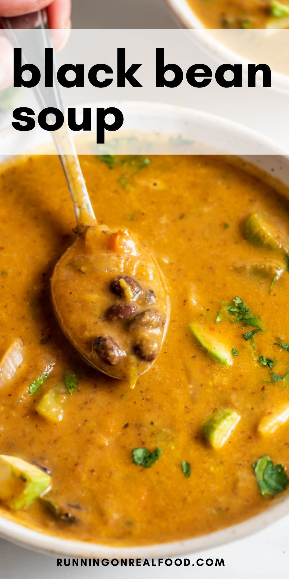 Pinterest graphic with an image and text for black bean soup.
