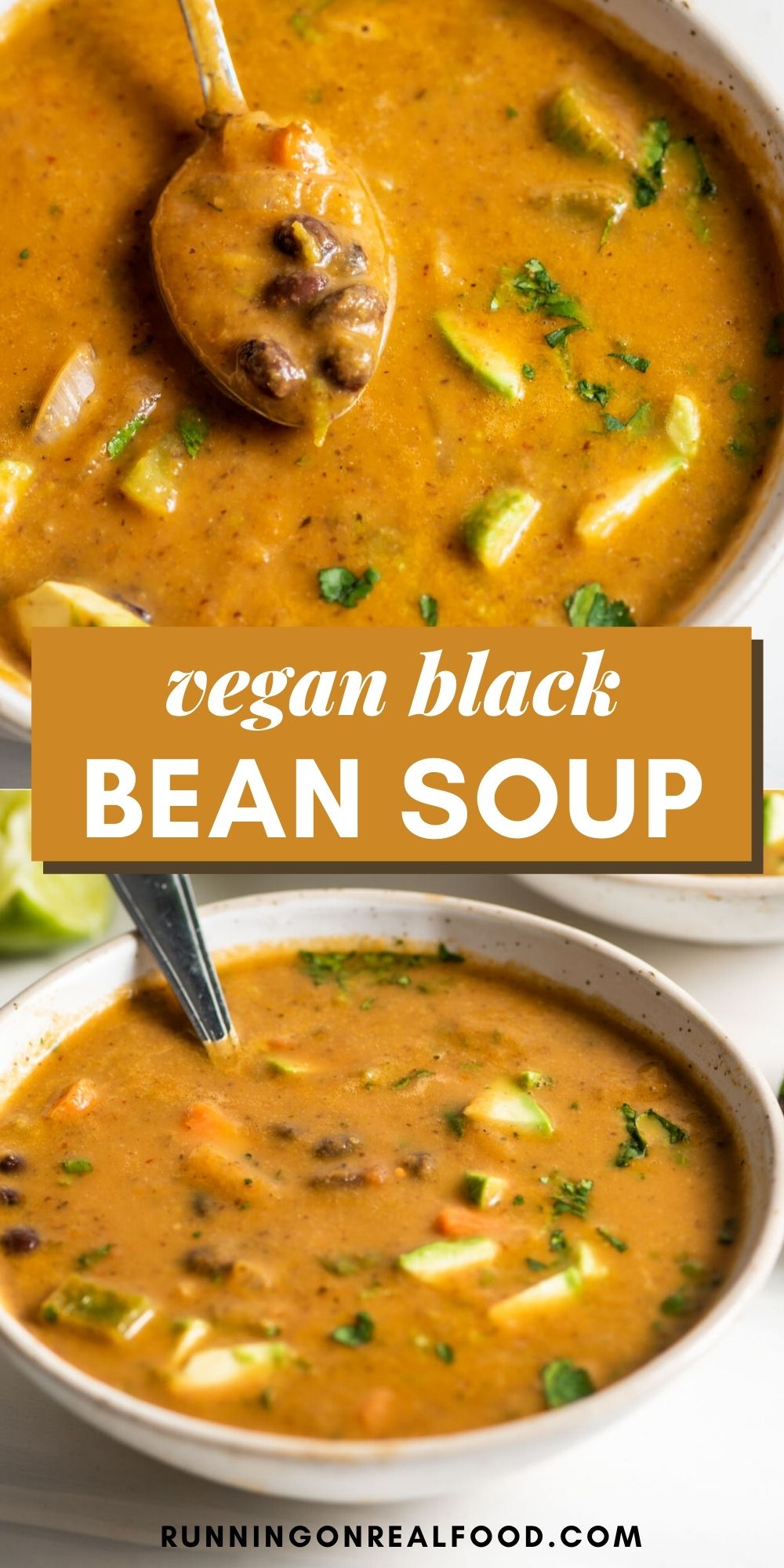 Pinterest graphic with an image and text for black bean soup.