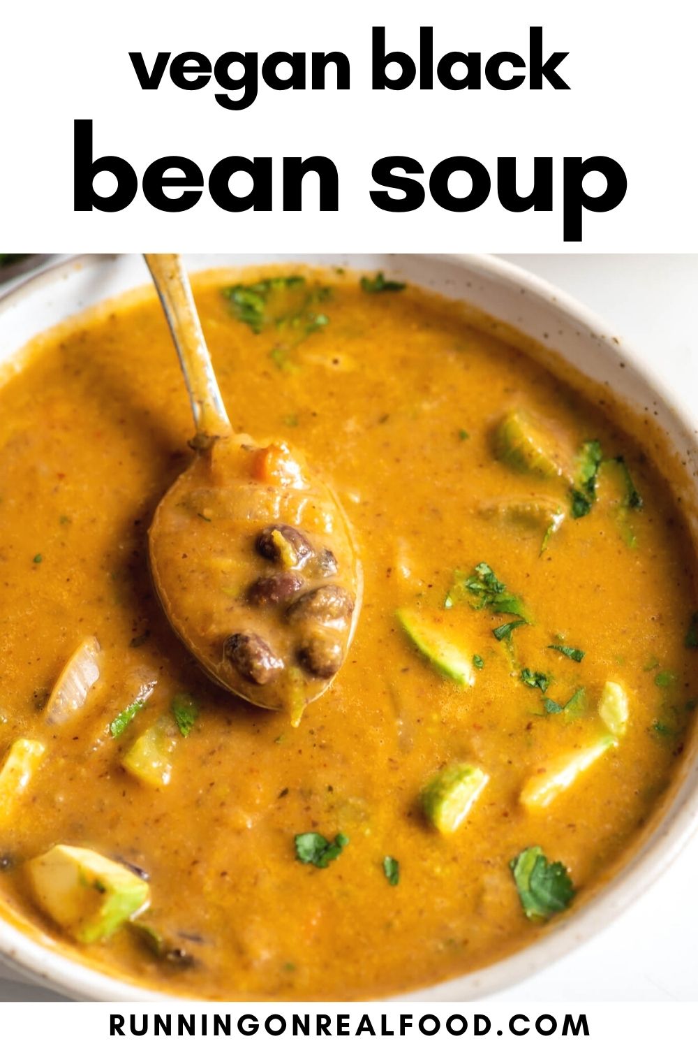 Pinterest graphic with an image and text for black bean soup.