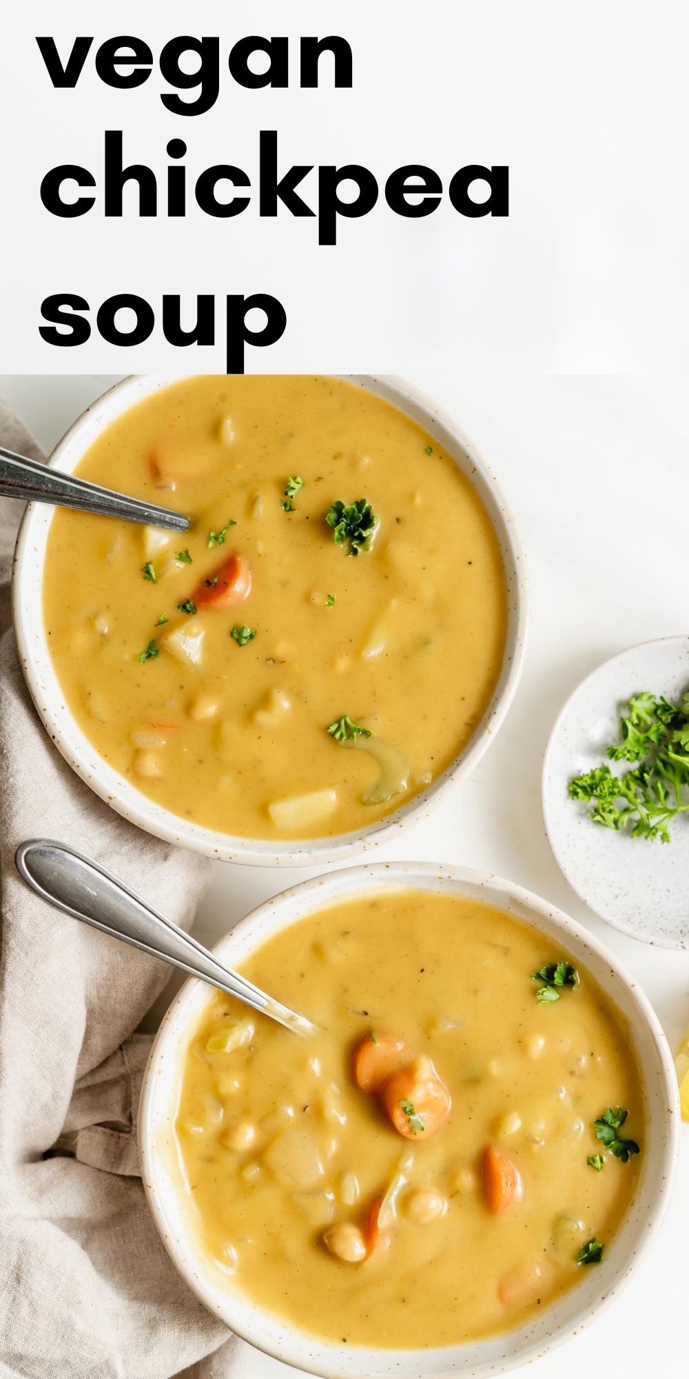 Pinterest graphic with an image and text for chickpea chowder.