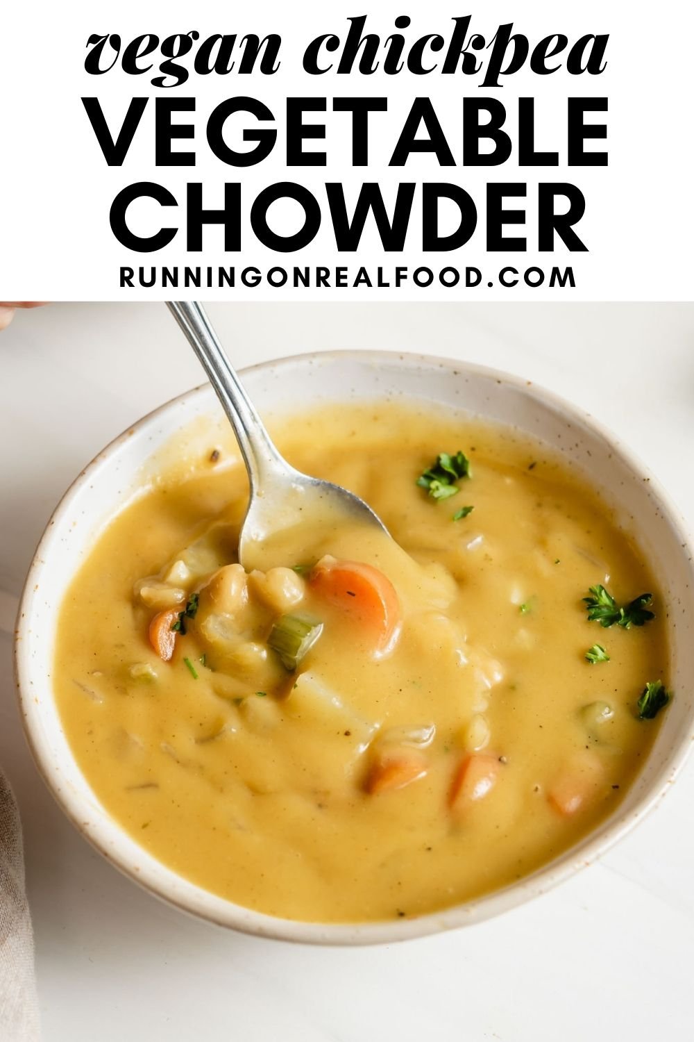 Pinterest graphic with an image and text for chickpea chowder.