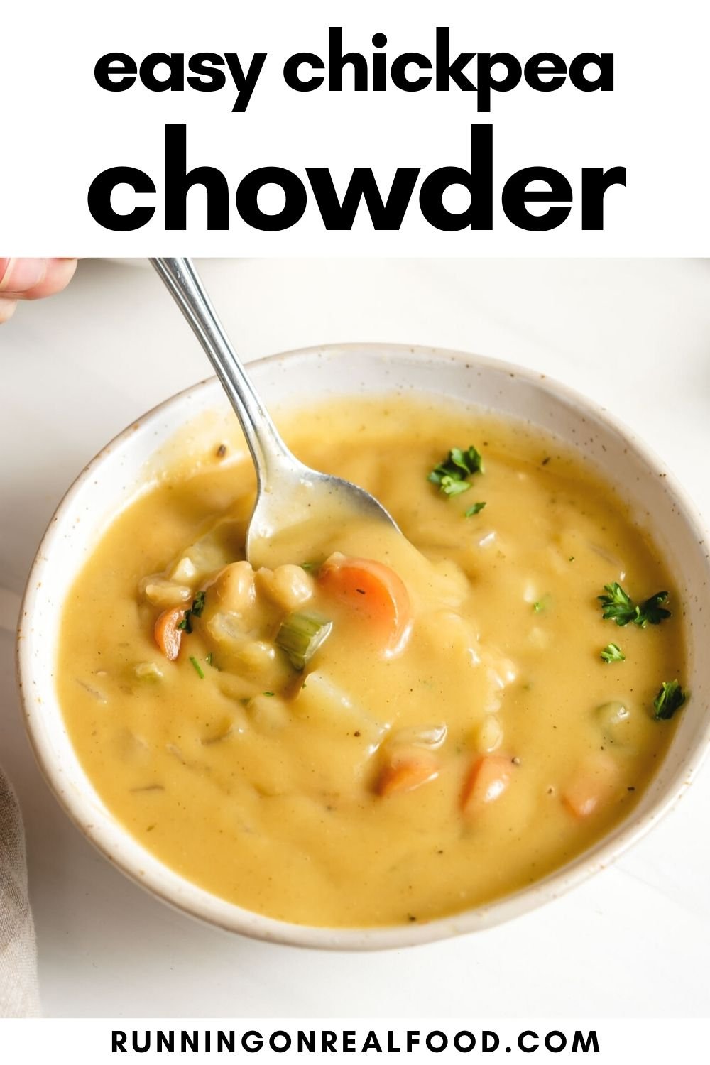 Pinterest graphic with an image and text for chickpea chowder.