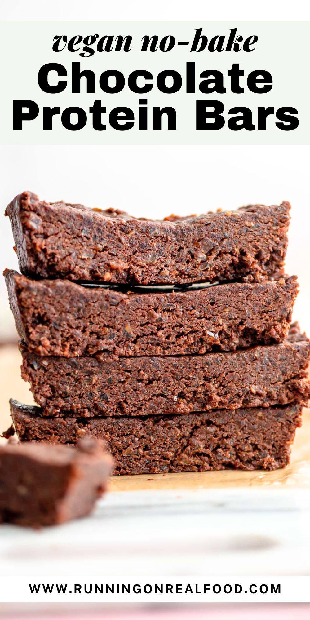 Pinterest graphic for a no-bake chocolate protein bars recipe with an image of the bars and text title.