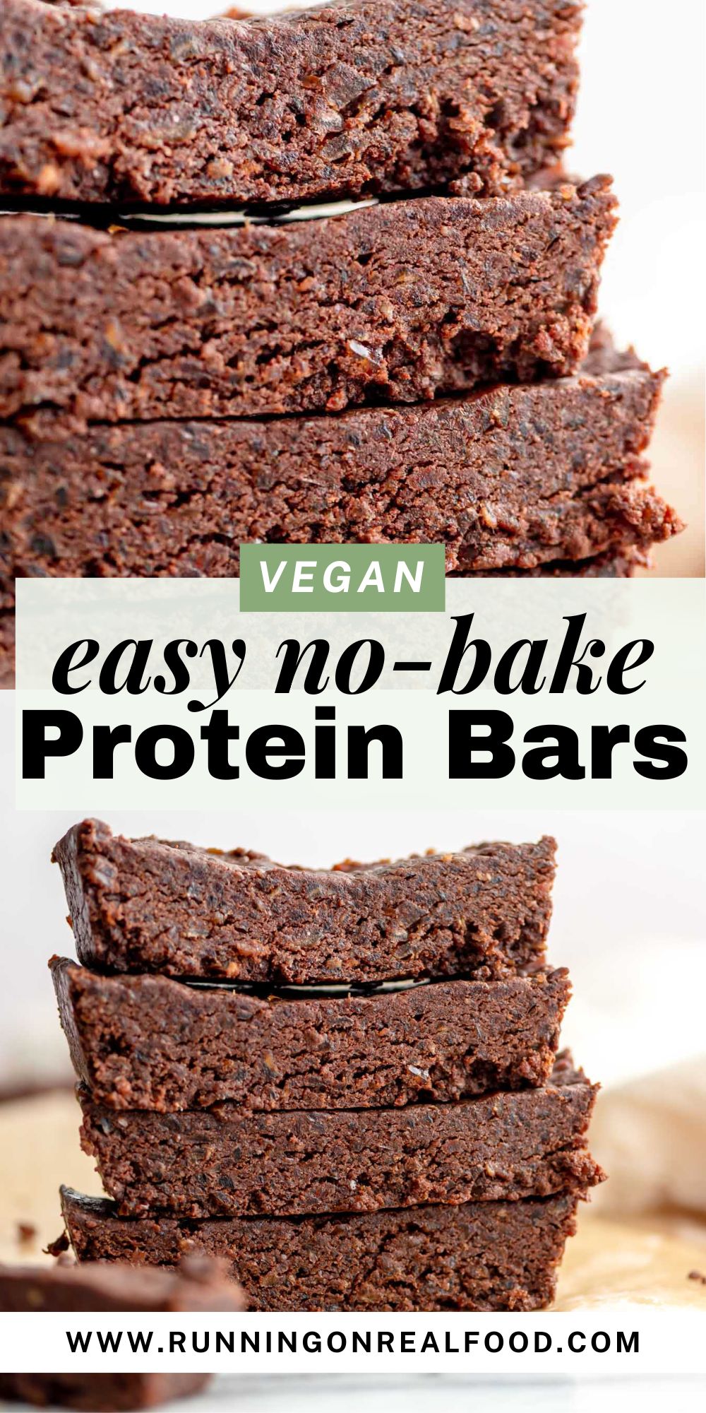Pinterest graphic for a no-bake chocolate protein bars recipe with two images of the bars and text title.