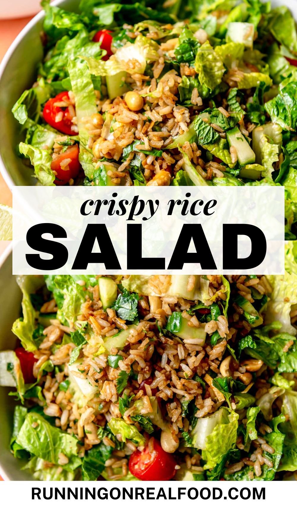 Two images of a crispy rice salad with peanuts, cucumber and tomato in a bowl with text between them that reads "crispy rice salad".
