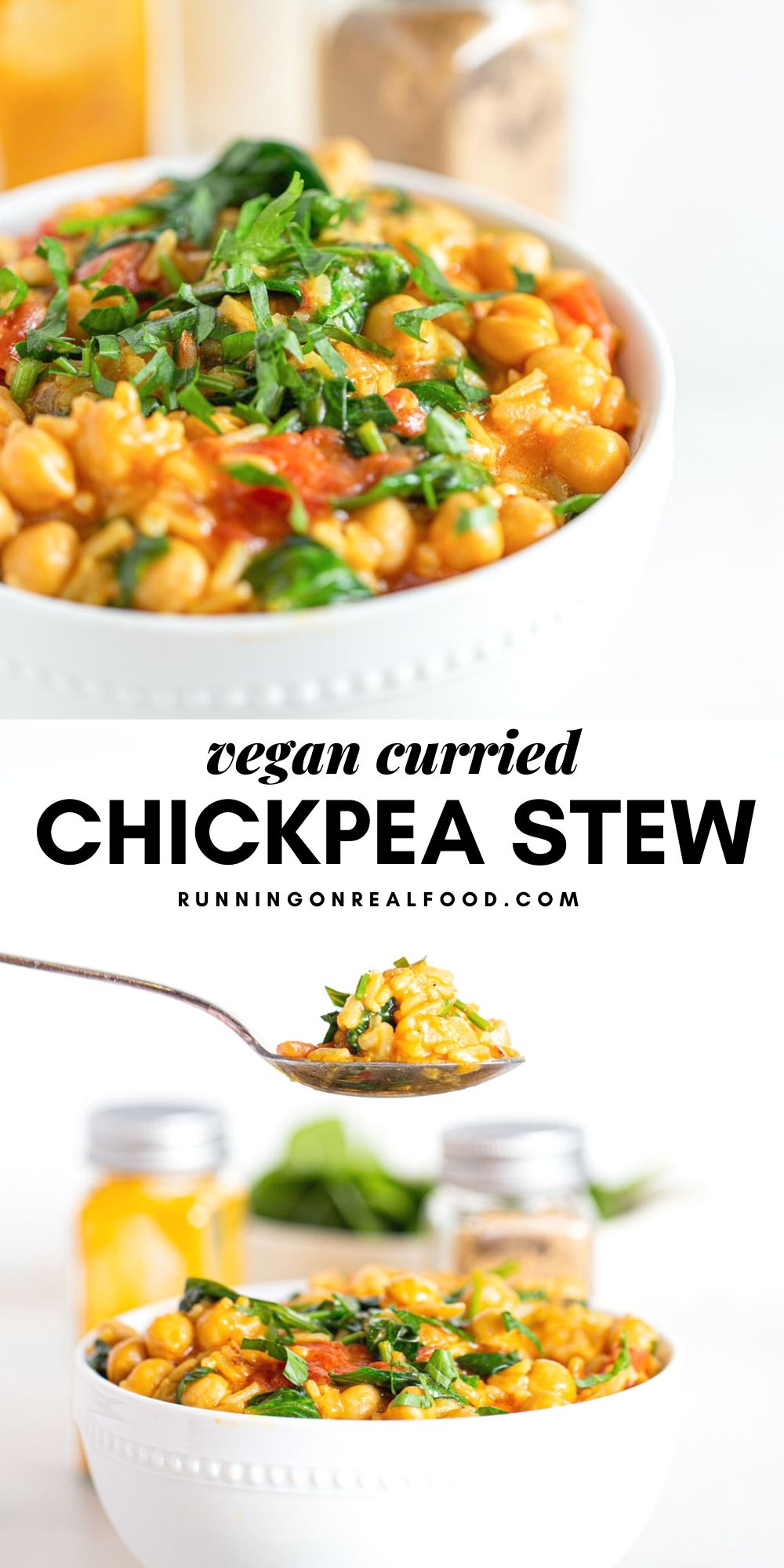 Pinterest graphic with an image and text for curried chickpea stew.