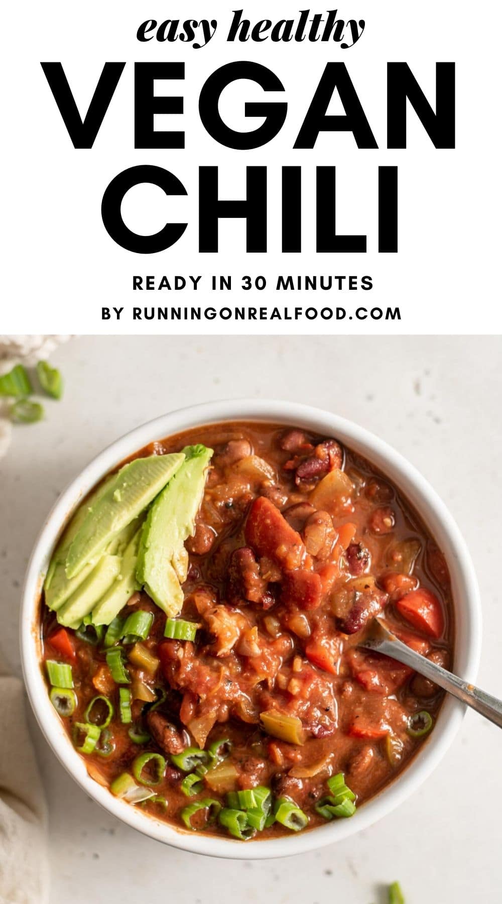 Pinterest graphic with an image and text overlay for vegan chili.