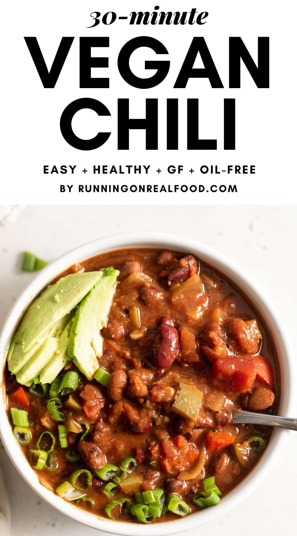Pinterest graphic with an image and text overlay for vegan chili.