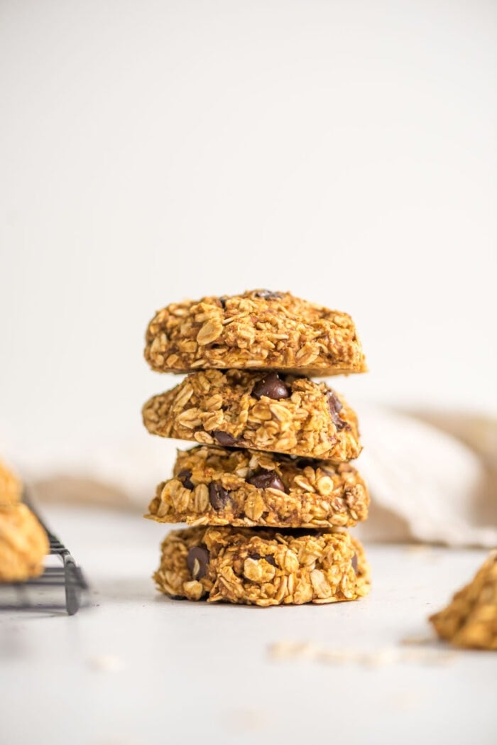 A stack of chocolate chip pumpkin cookies.