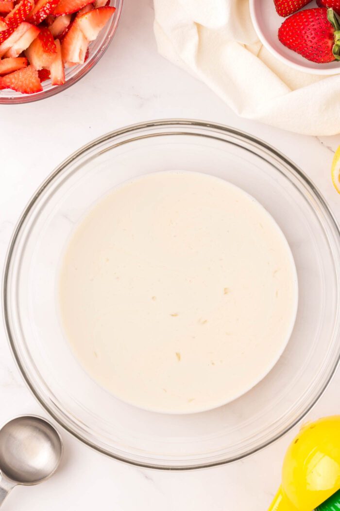 A large bowl of almond milk.