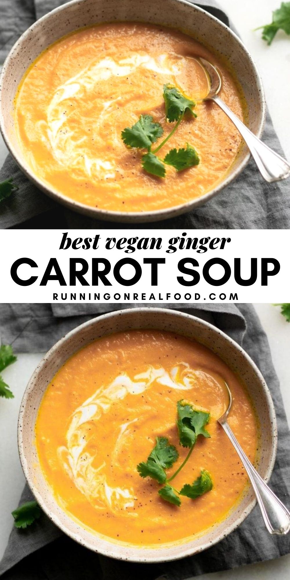 Pinterest graphic with an image and text for ginger carrot soup.