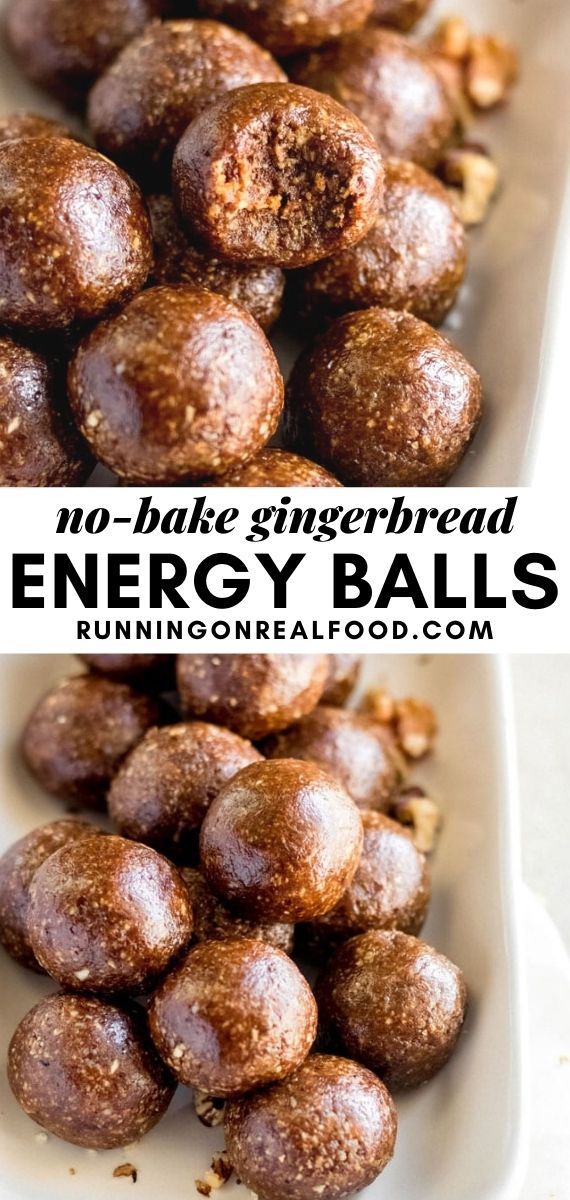 Pinterest graphic with an image and text for gingerbread balls.