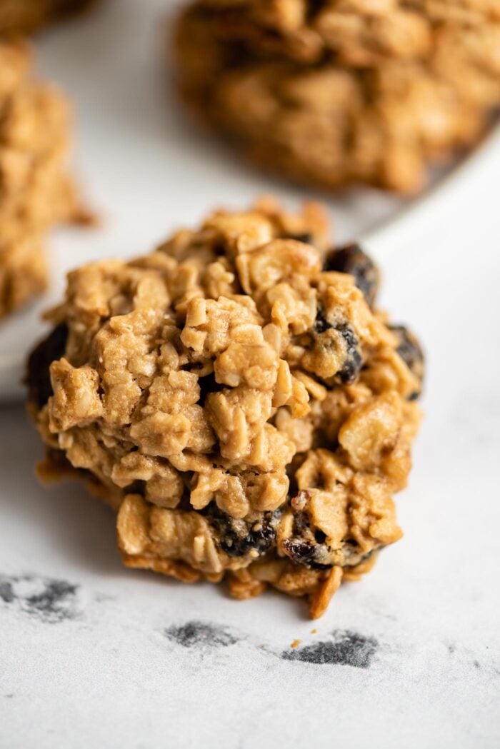 Close up of an oatmeal cookie with cranberries and walnuts in it.