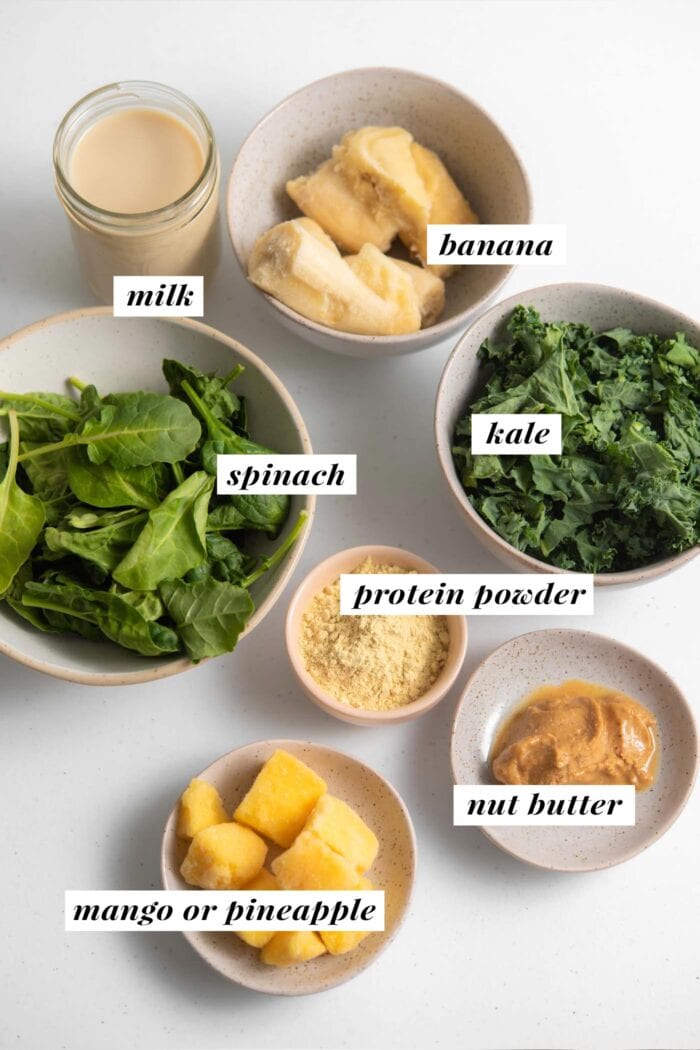 Visual list of ingredients for making a kale smoothie.