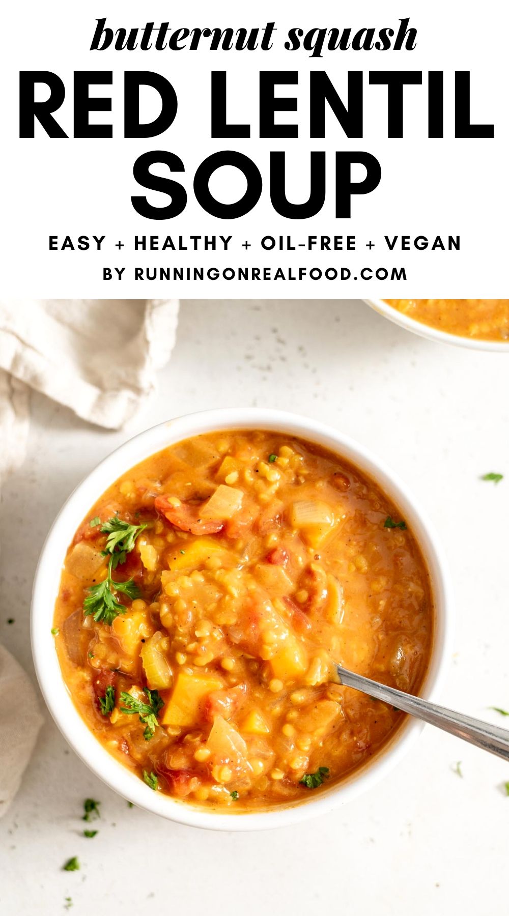 Pinterest graphic with an image and text overlay reading Butternut Squash Red Lentil Soup.