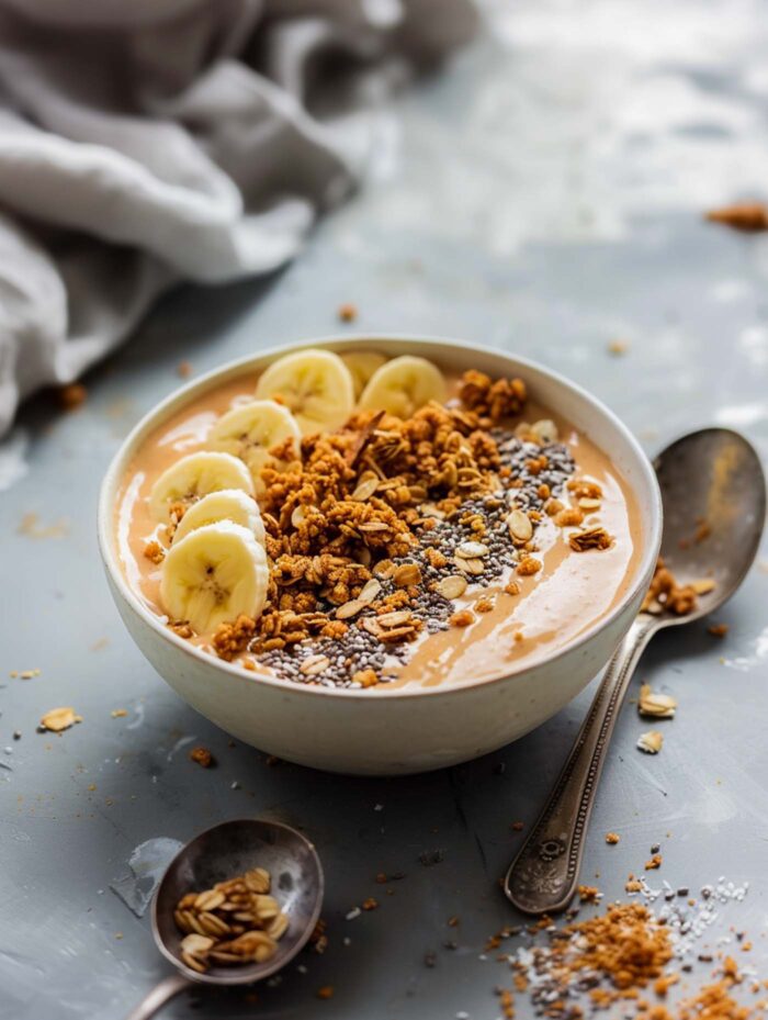 Sweet potato smoothie bowl topped with chia seeds, granola and banana.