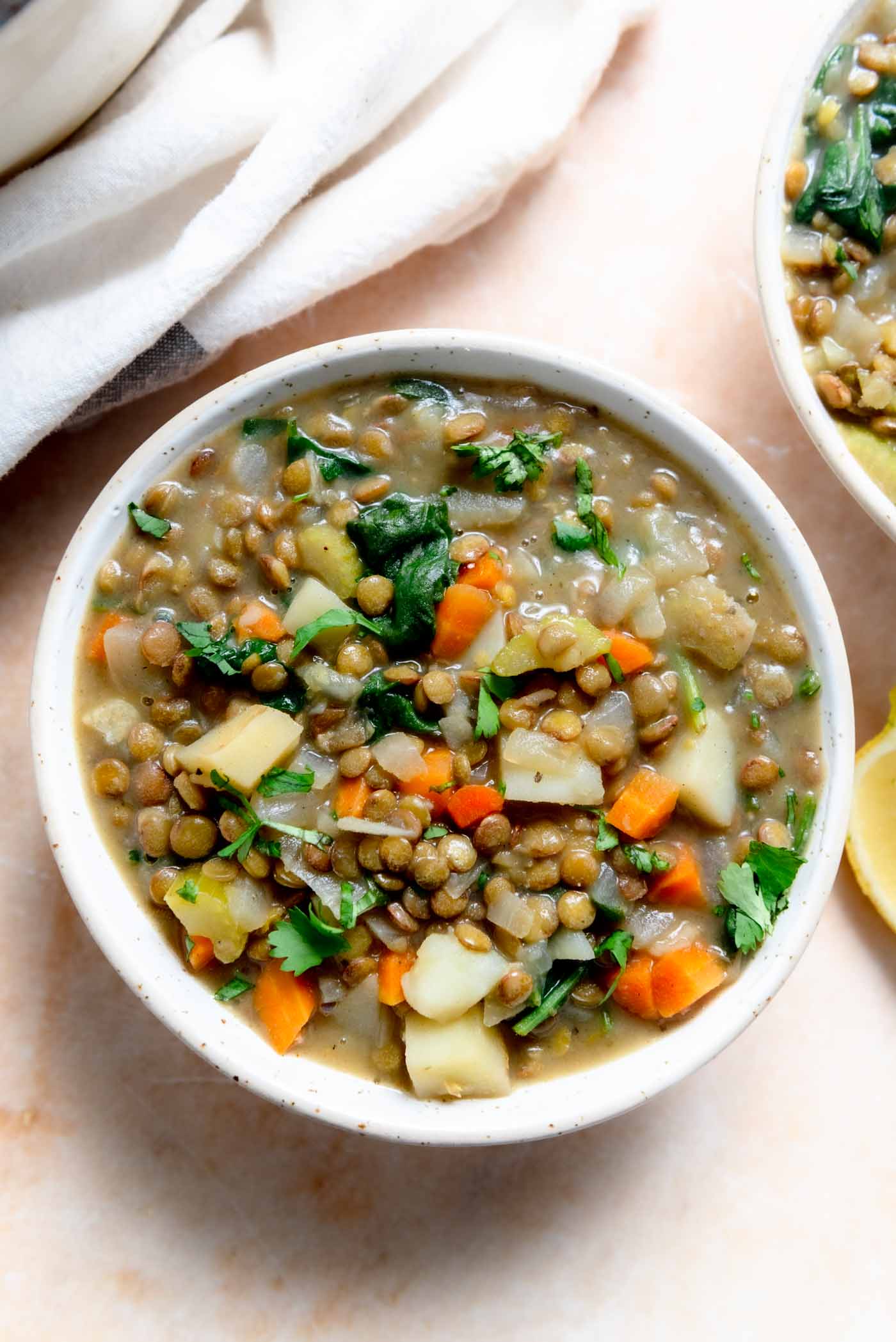 Bowl of a hearty stew made with lentils, carrot and potato.