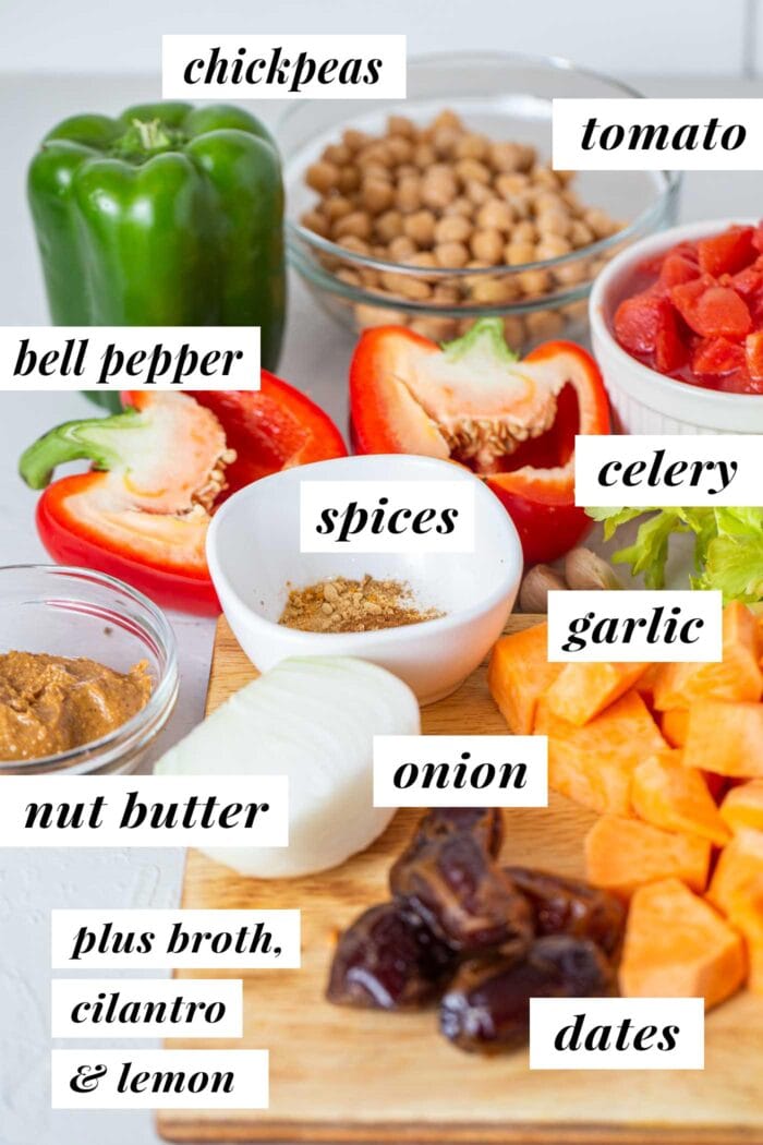 Labelled ingredients for a sweet potato peanut stew.