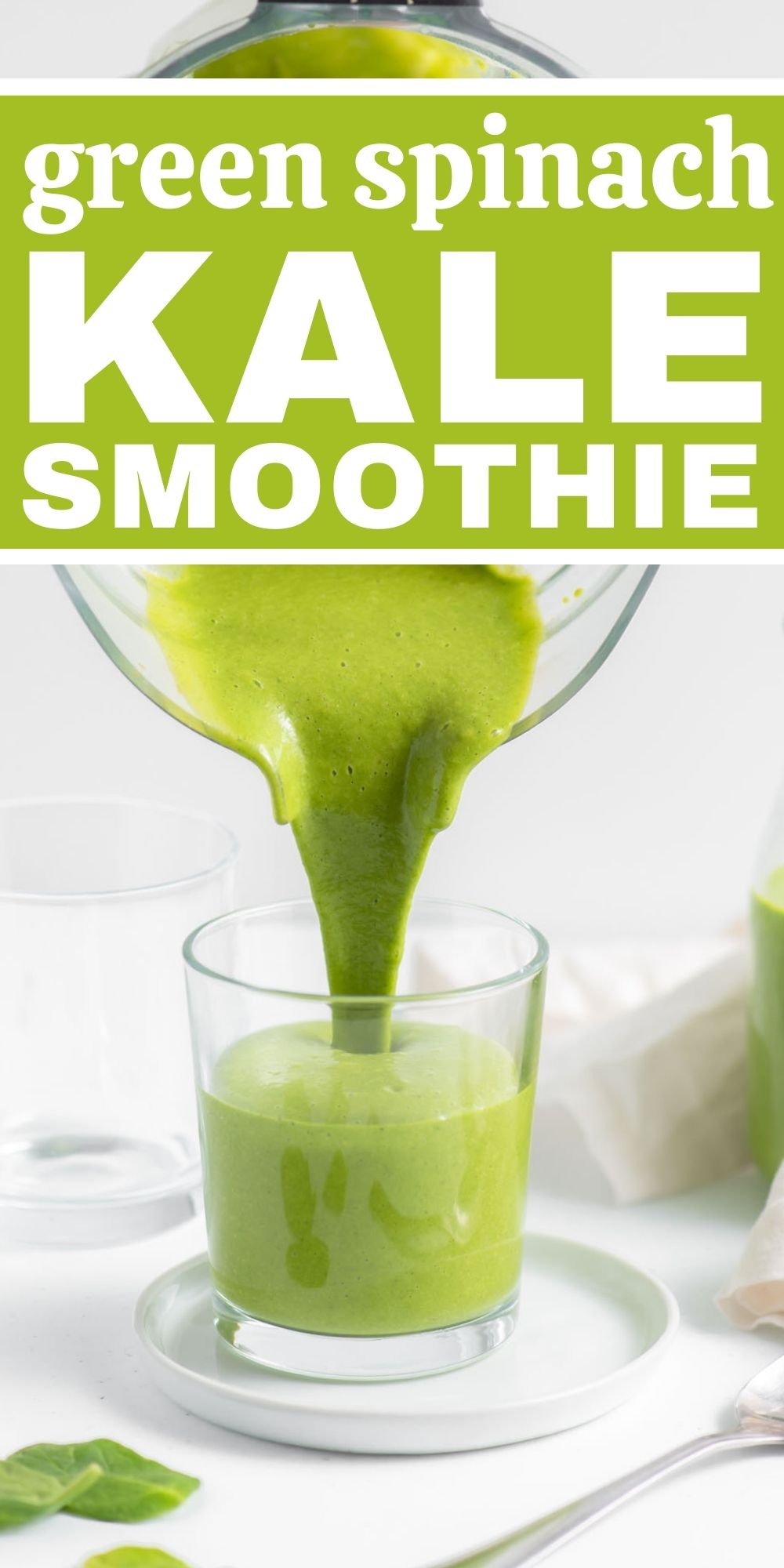 Pinterest graphic with an image and text for green kale smoothie.