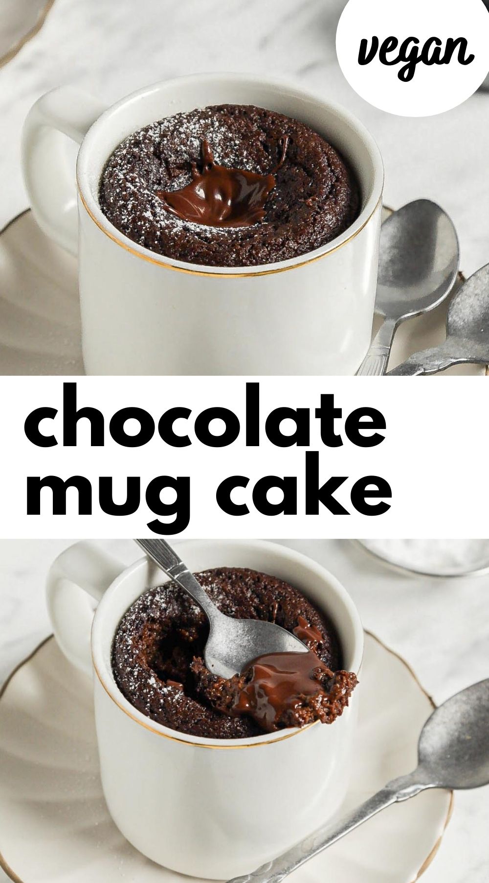 Pinterest graphic with an image and text for vegan chocolate mug cake..
