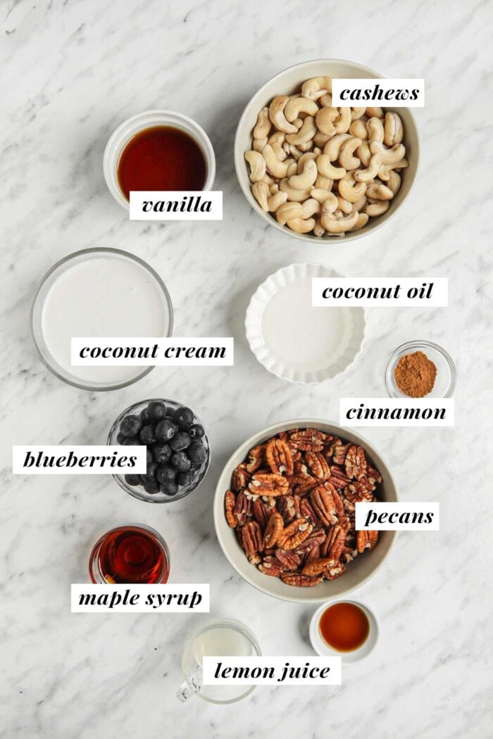 Visual list of ingredients for a raw blueberry cheesecake.