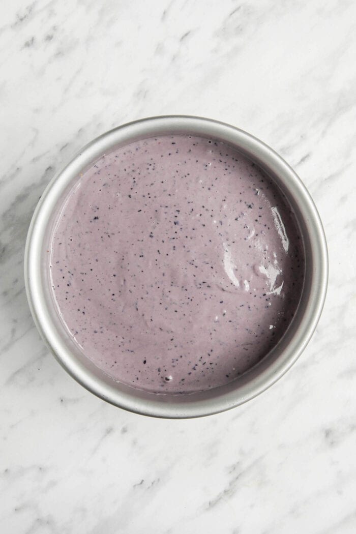 Raw blueberry cheesecake in a springform pan.