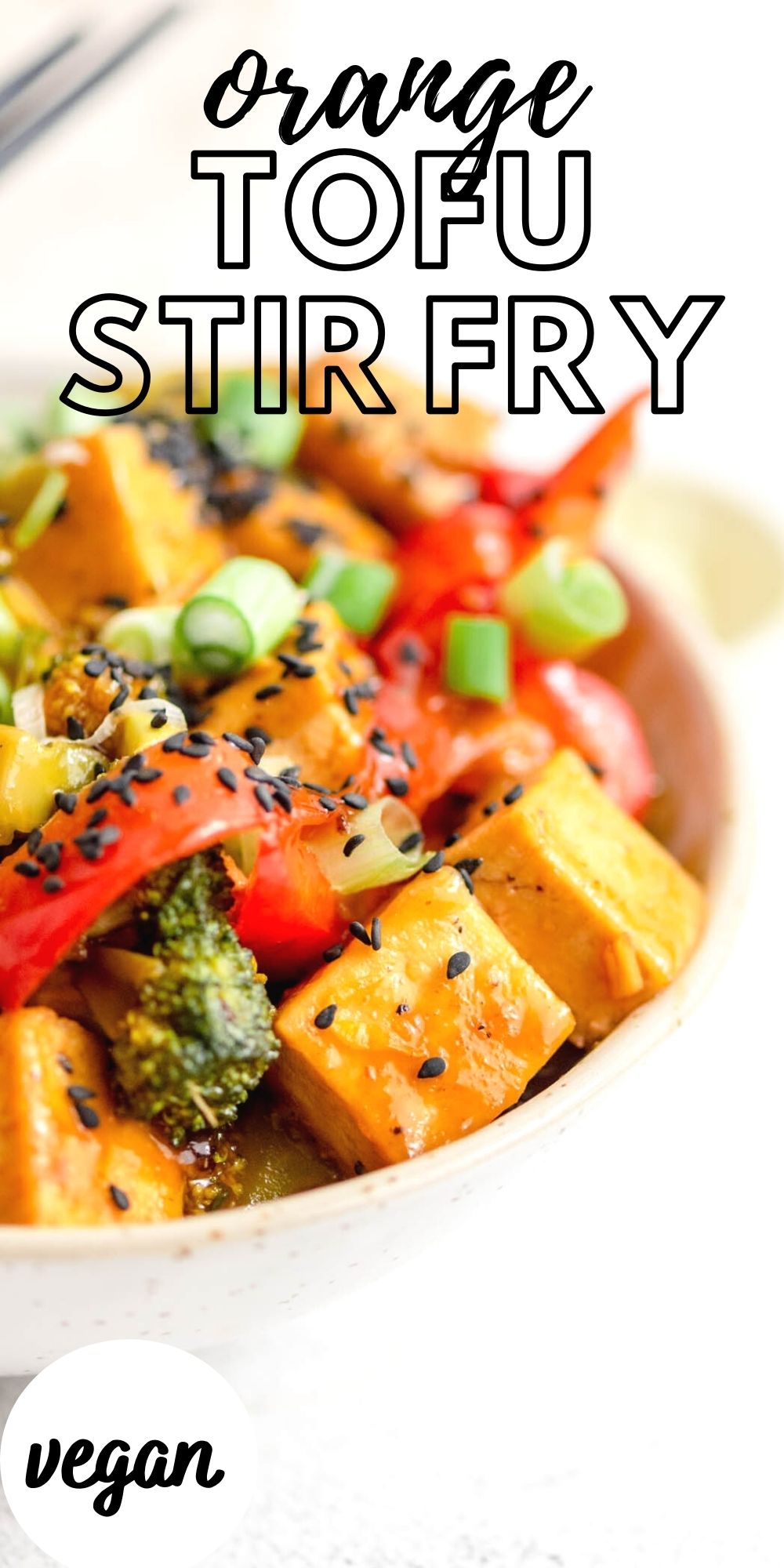 Pinterest graphic with an image and text for vegan orange tofu.