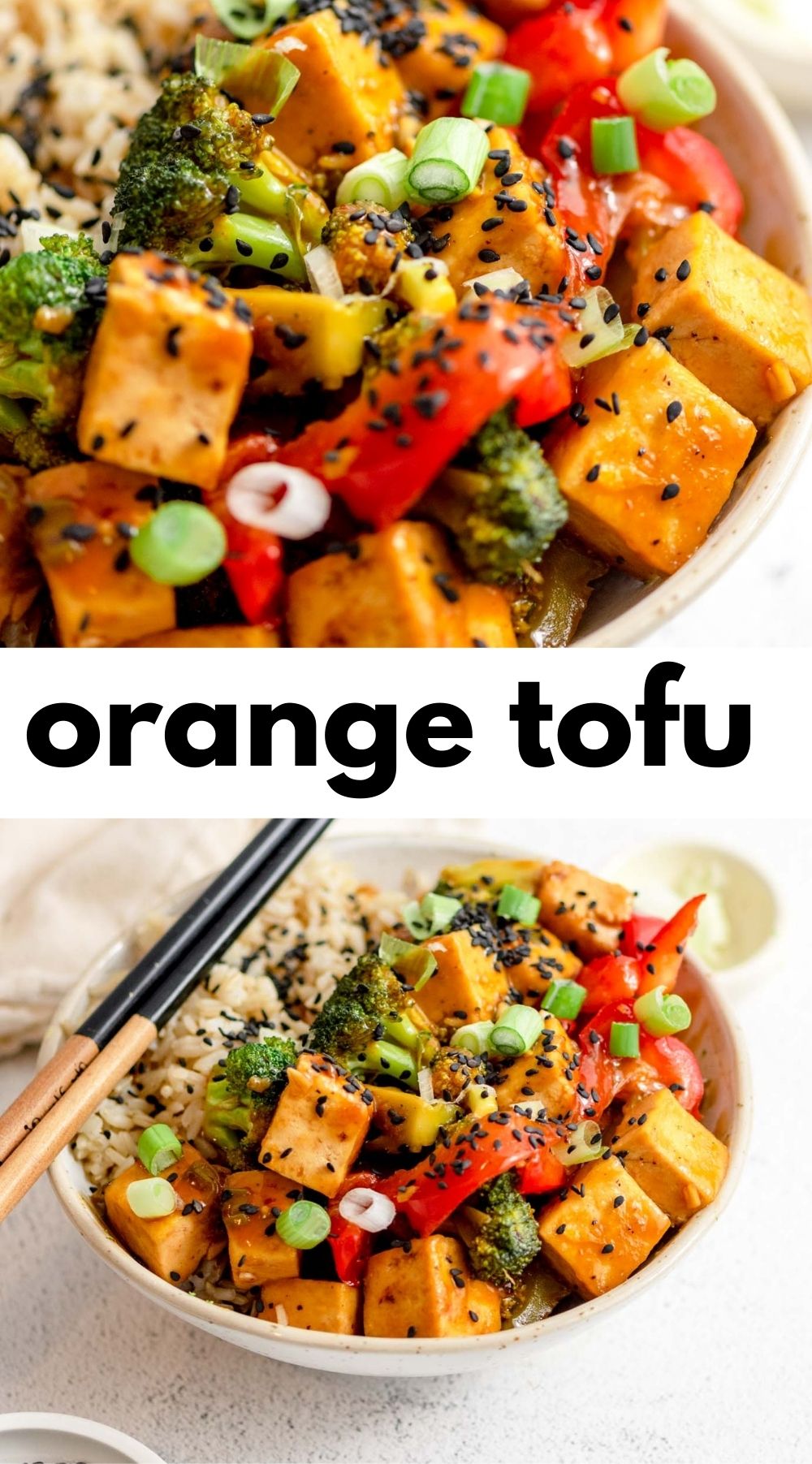 Pinterest graphic with an image and text for vegan orange tofu.