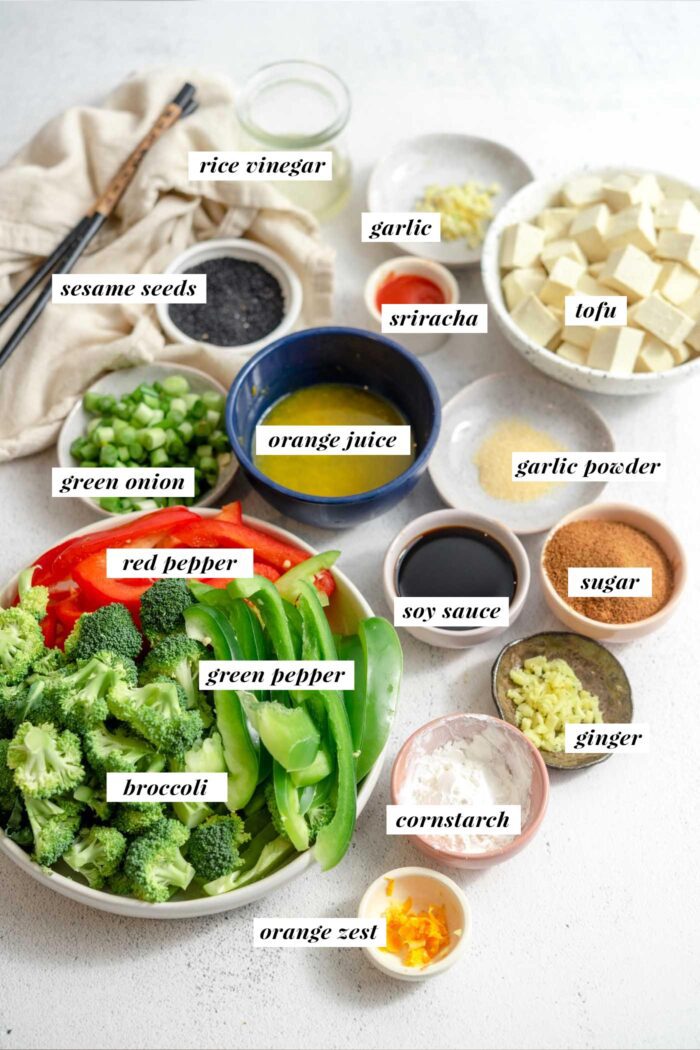 Visual list of all ingredients needed for making a vegan orange tofu recipe.