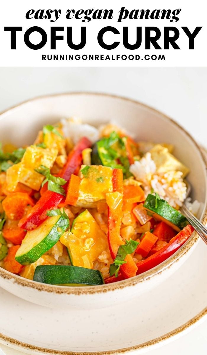 Pinterest graphic with an image and text for vegan panang curry.