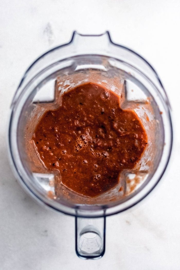 Vegan tortilla soup in a blender.