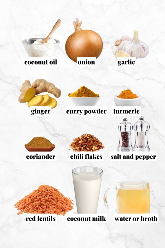 All the ingredients for a coconut red lentil dal recipe.