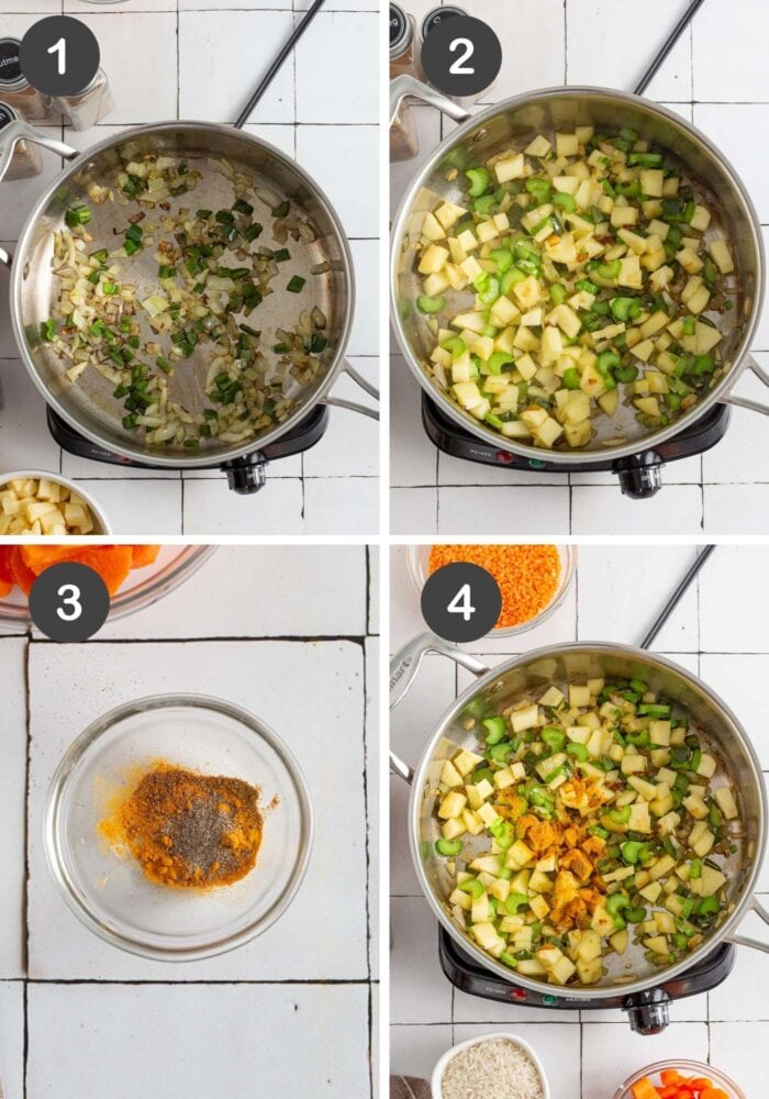 Visual of step by step instructions for making mulligatawny soup.