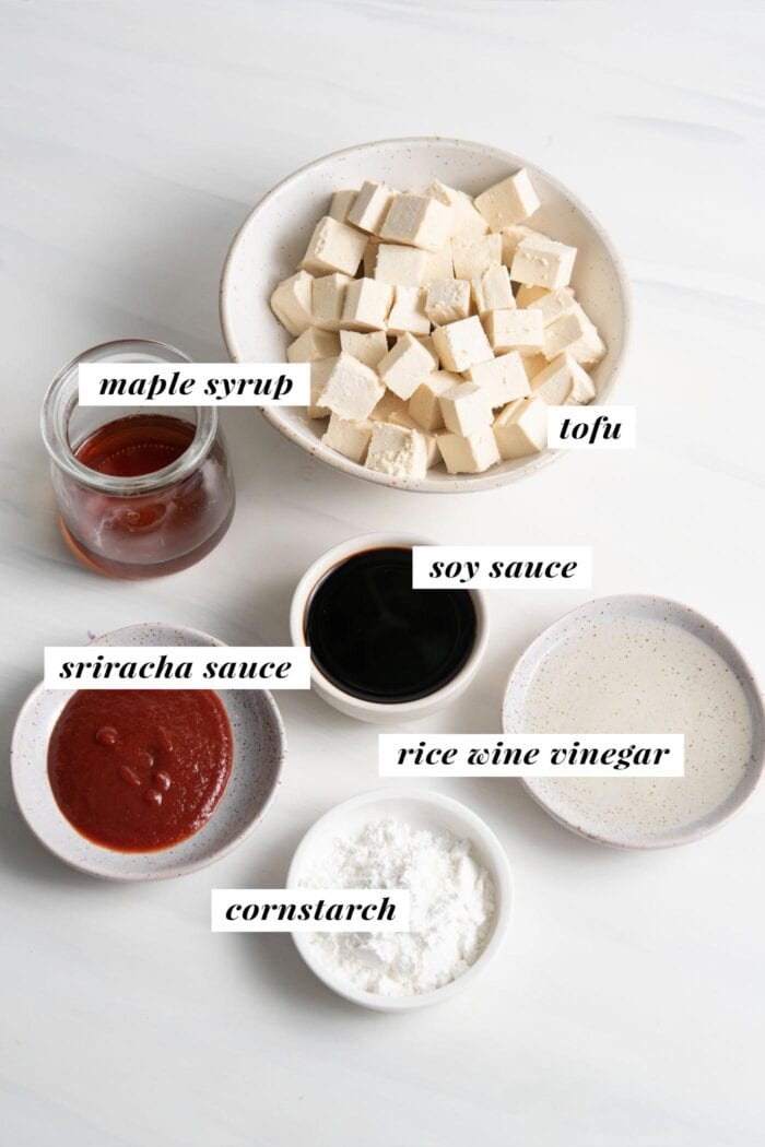 Visual of ingredients needed for making a sweet and spicy tofu recipe.