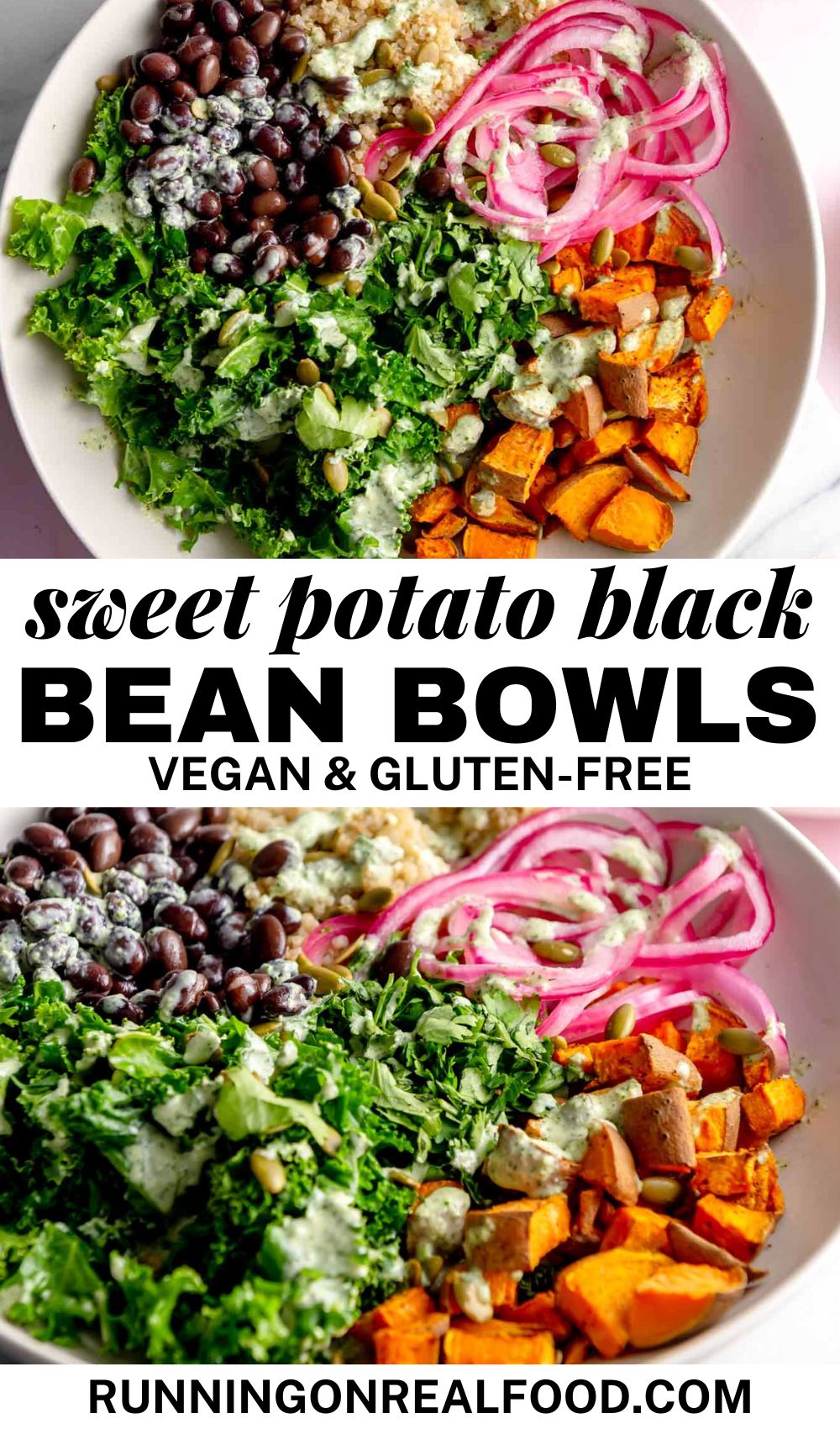 Sweet potato black bean quinoa bowl pin with two images of the bowls and a text title reading "sweet potato black bean bowls vegan and gluten-free".