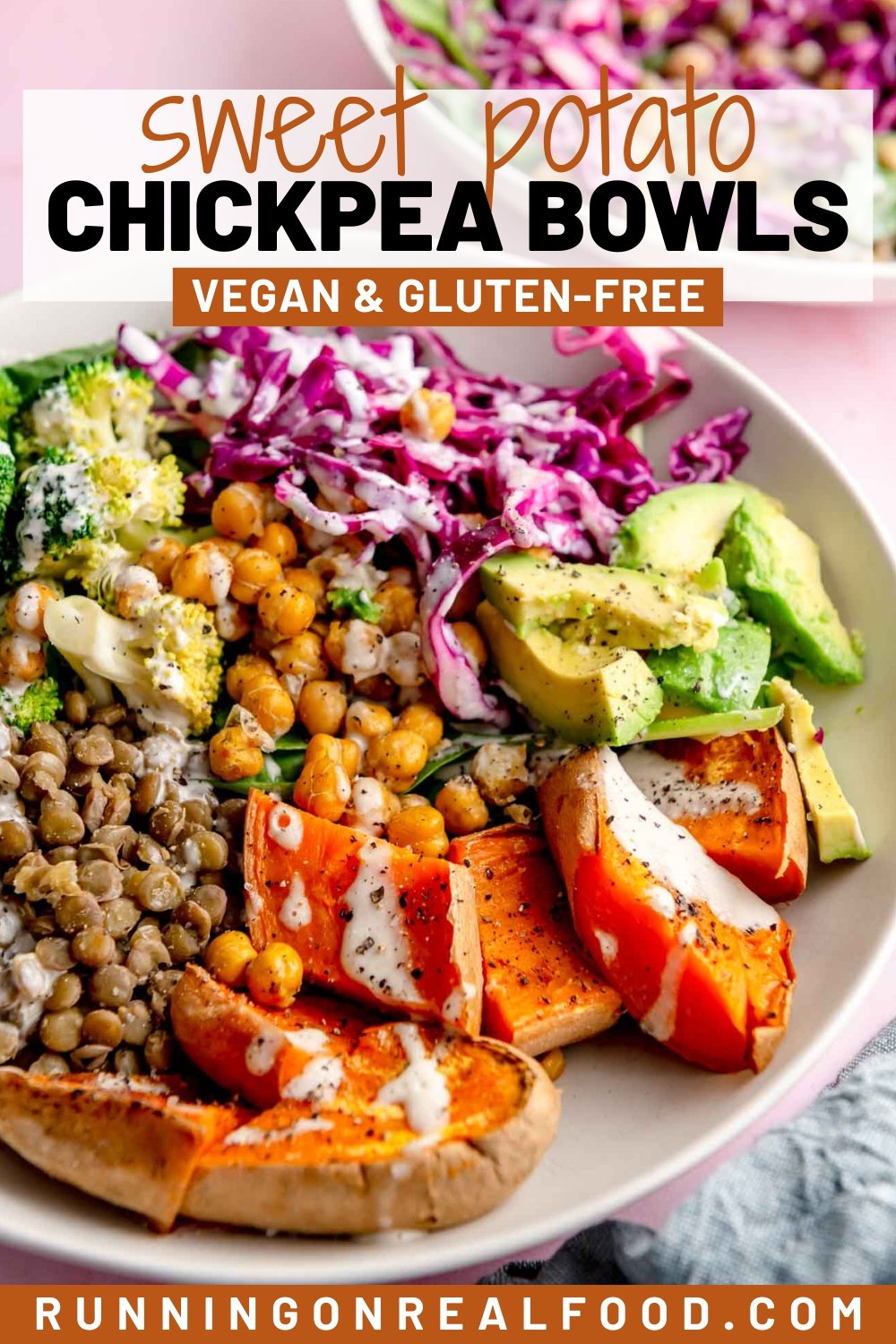 Pinterest image with an image of a sweet potato avocado lentil bowl and a text title.