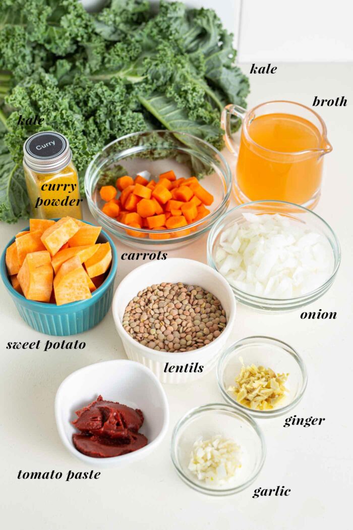 Lentils, garlic, ginger, broth, sweet potato and carrot in bowls on a counter.
