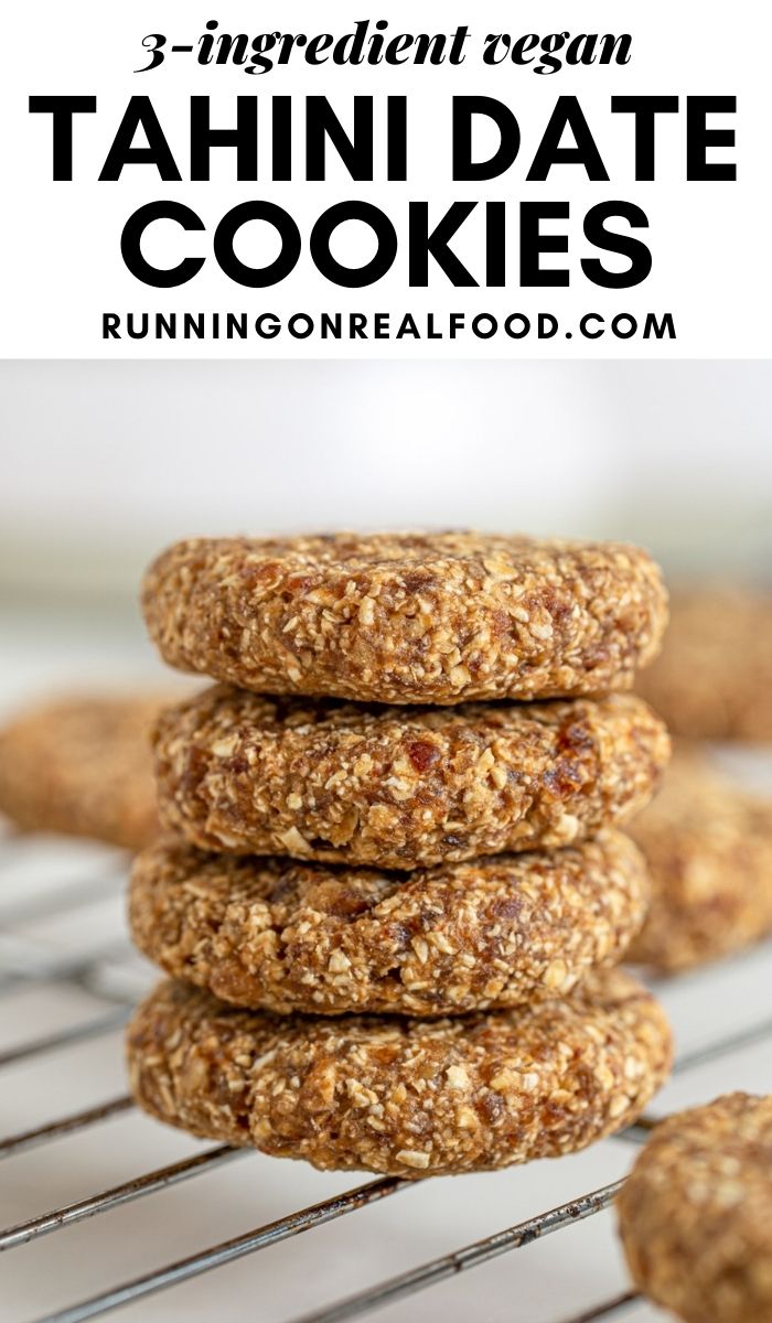 Pinterest graphic with an image and text for tahini date cookies.