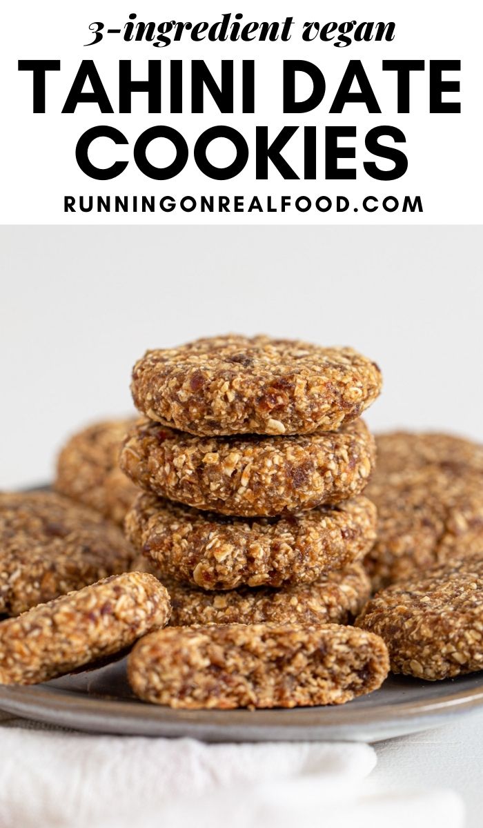 Pinterest graphic with an image and text for tahini date cookies.