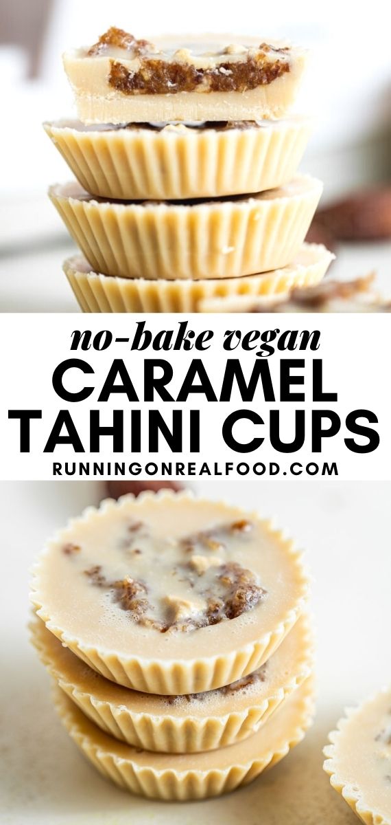 Pinterest graphic with an image and text for date tahini cups.