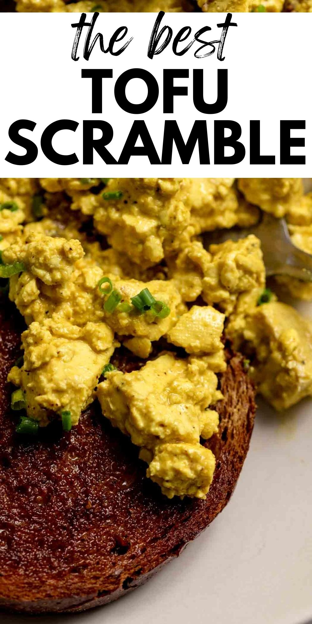 Pinterest graphic for vegan tofu scramble recipe with images and text title.