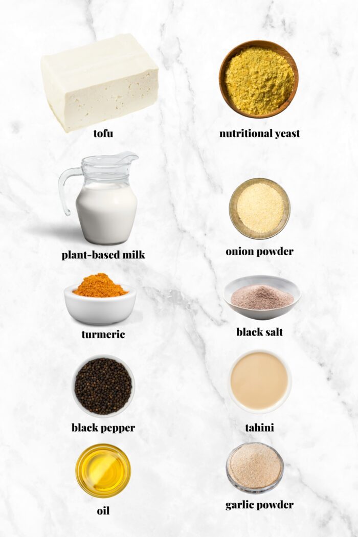 All ingredients needed for making tofu scramble. Each ingredient is labelled with text overlay.