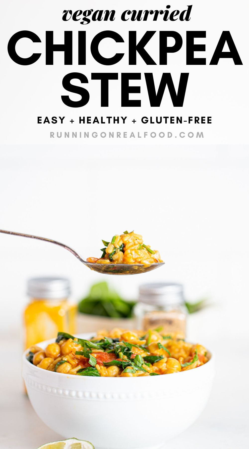 Pinterest graphic with an image and text for curried chickpea stew.