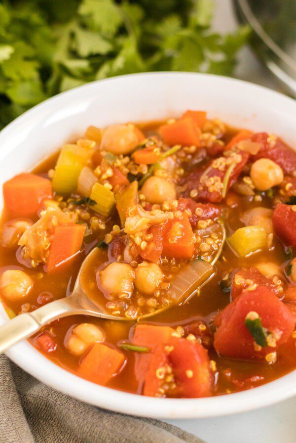 Close up of a bowl of quinoa chickpea stew.