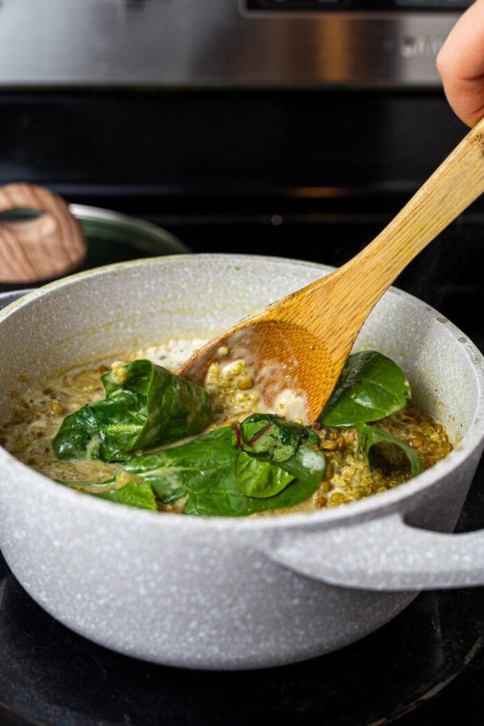 Stirring spinach into a pot of cooked lentils and quinoa on the stovetop.