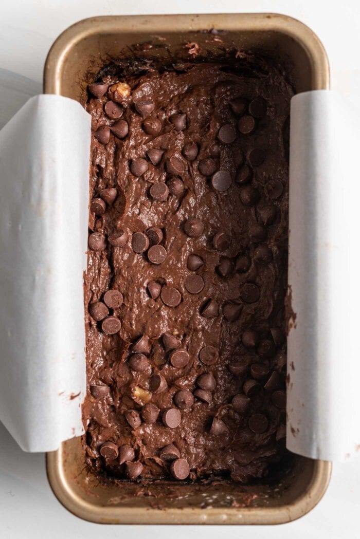 Raw chocolate chip brownie batter in a loaf pan.