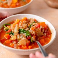 Spoon in a bowl of vegetable barley soup with sweet potato and spinach.